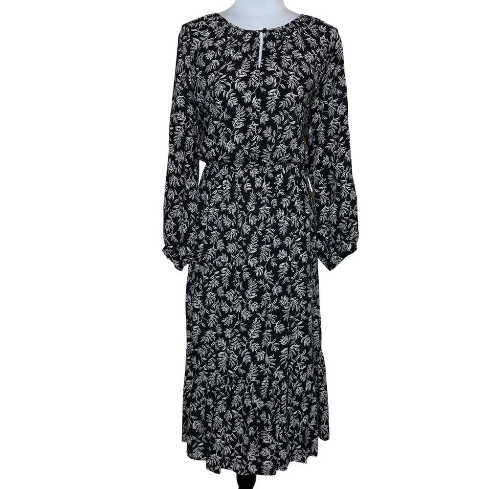 Old Navy Womens Black White Leaf Print Long Sleeve Tiered Midi Dress Large L